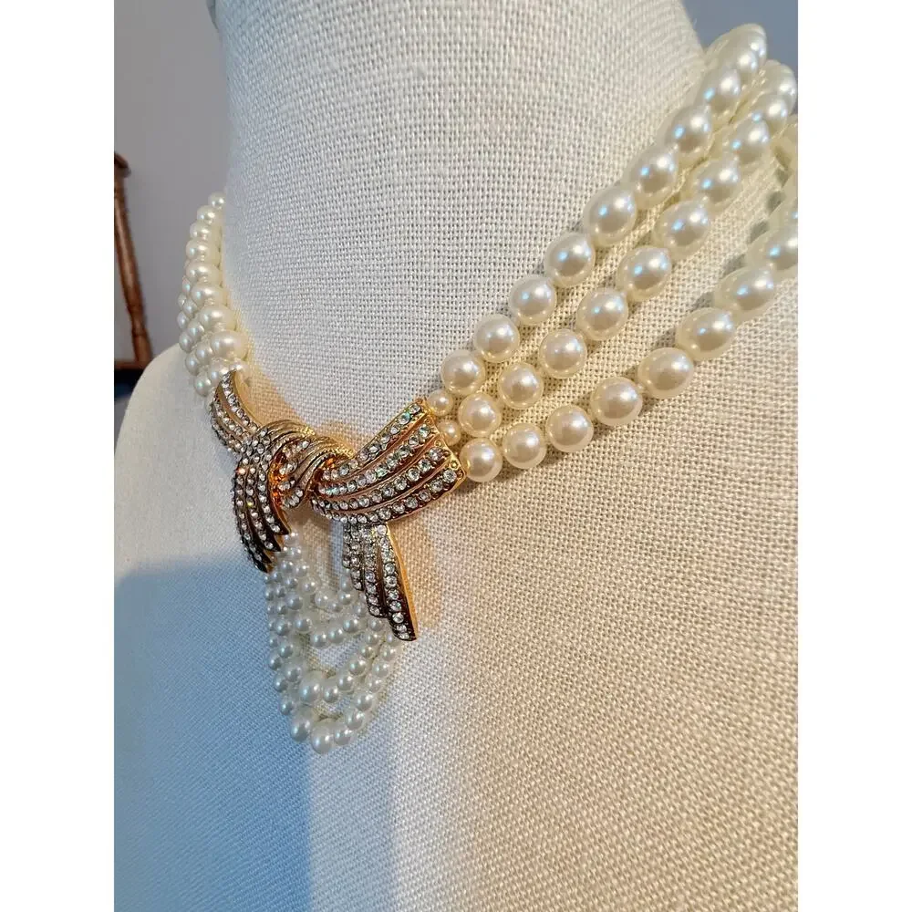 Vintage Faux Pearl Rhinestone Bow Statement Necklace
